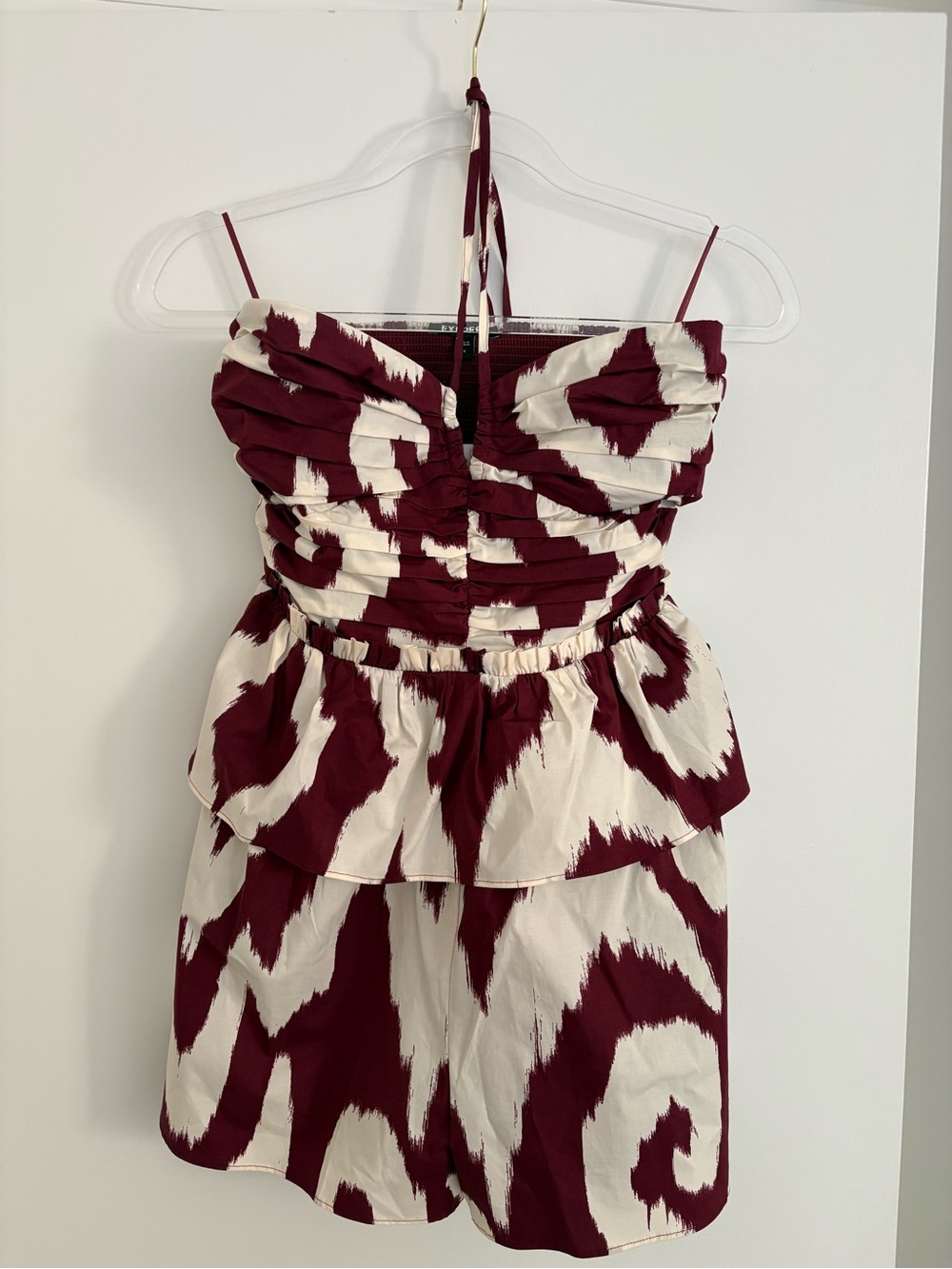 Express Halter Maroon and Cream Tiered Romper